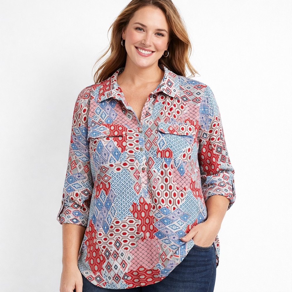 Talbots Geometric Print Rayon Tunic Blouse Roll Tab Sleeve Women LP